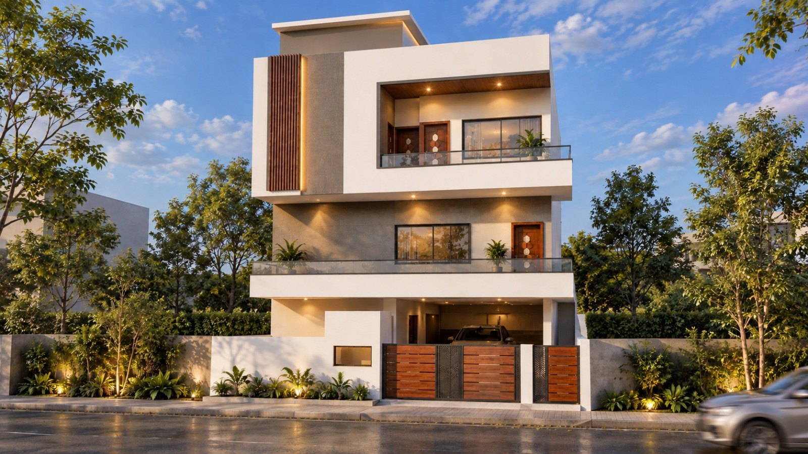 3D elevation of a three-storey residence, signed off before anything is built
