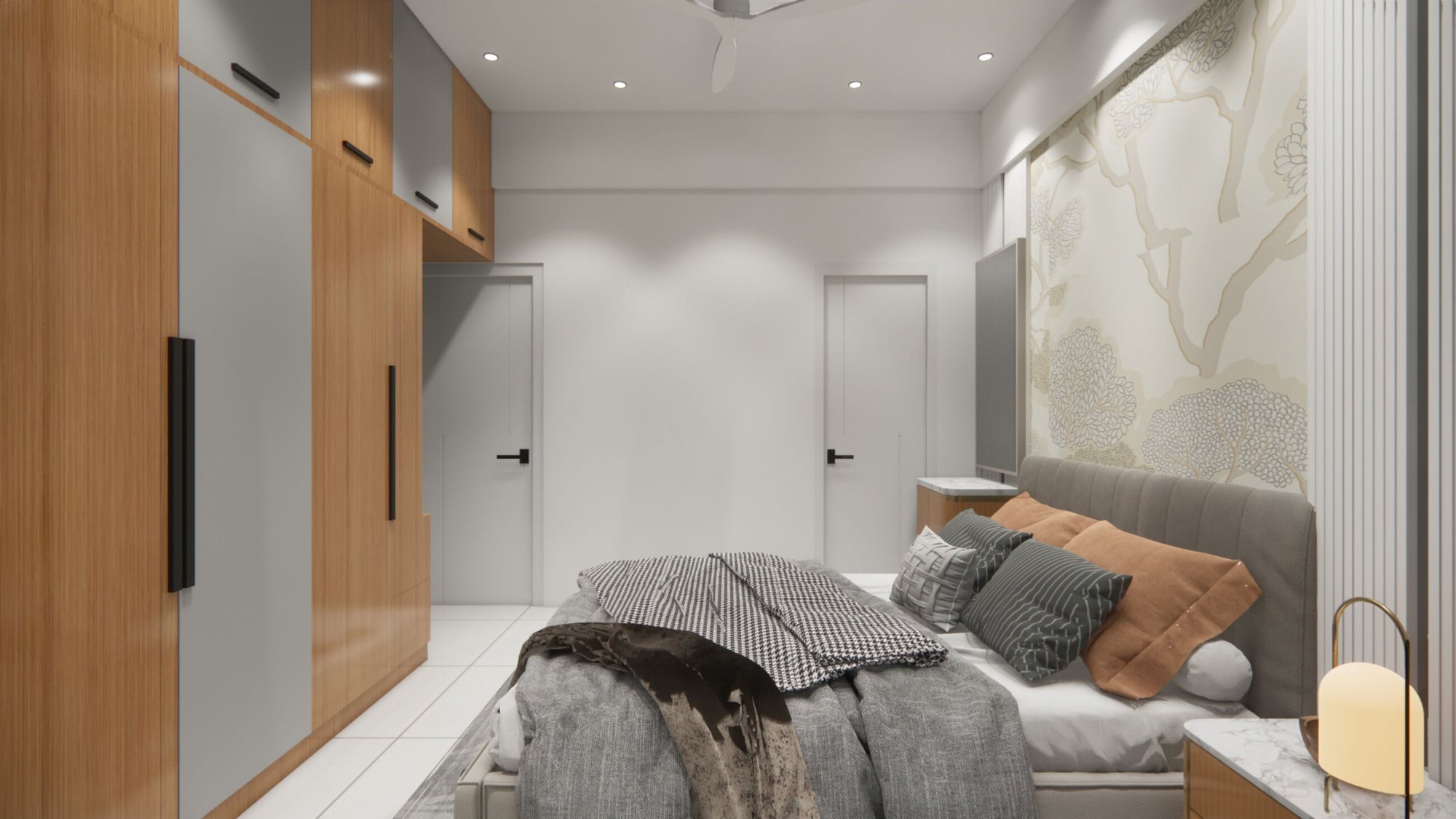 Bedroom with full-height wardrobes and a panelled headboard wall