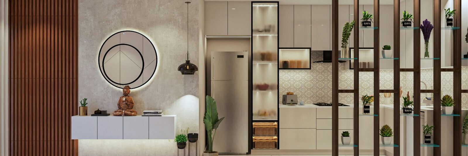 Pantry with tall appliance unit, lit display niches and crockery storage